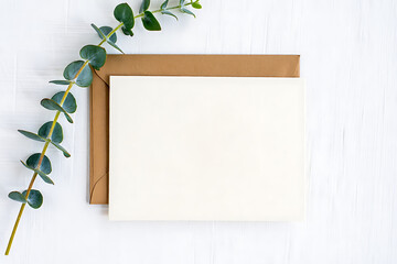 Simple blank white paper card and brown envelope are artfully arranged with a fresh green eucalyptus branch on a rustic white wood background.