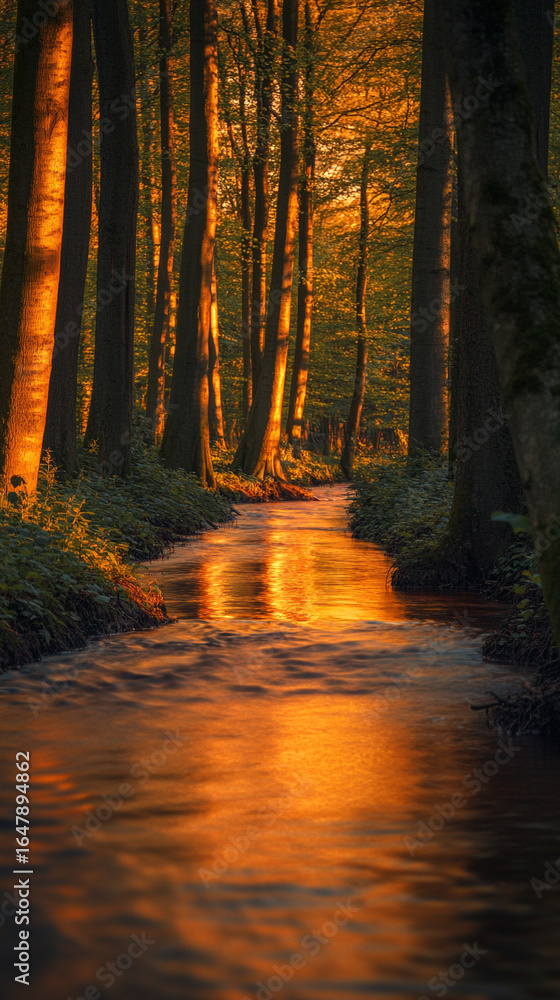 Obraz premium Tranquil forest river during golden hour in spring, tree trunks glowing warm and the stream shimmering with orange-pink light