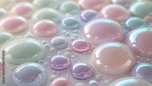 Abstract shiny iridescent glass spheres and bubbles float against a colorful background with a vibrant pink and blue reflection