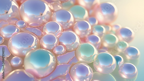 Abstract shiny iridescent glass spheres and bubbles float against a colorful background with a vibrant pink and blue reflection