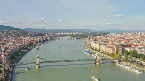 Aerial view of budapest city with szechenyi chain bridge crossing danube river