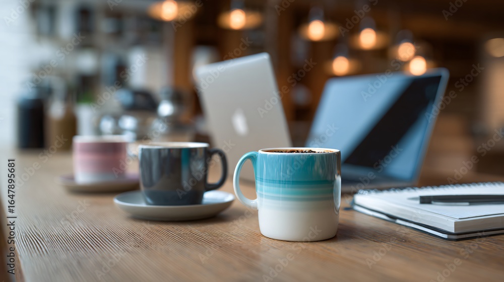 Shared study corner with two laptops and coffee mugs Shared study corner with two laptops and coffee mugs