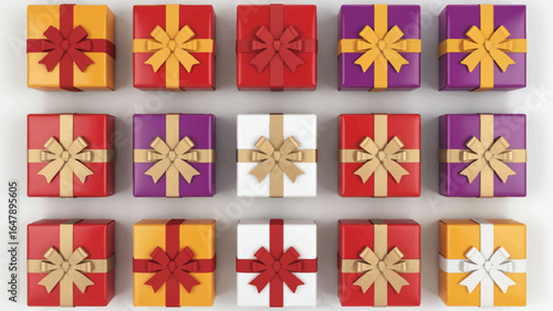 Red yellow purple white gift boxes with gold ribbon bows presents celebration