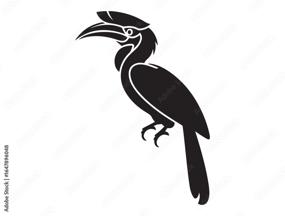 Obraz premium Solid Black Hornbill Silhouette Perched. Vector black silhouette. with white background