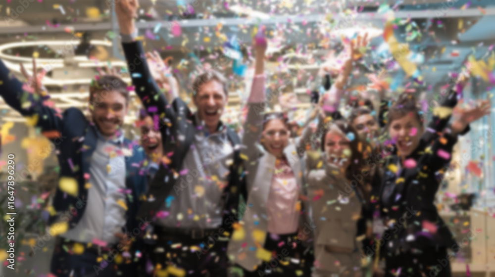 Naklejka premium Blurred background of people in business suits celebrating in an office, throwing confetti and holding party streamers. Concept of corporate celebration, team success, and joyful workplace moments.