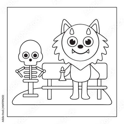 Cartoon skeleton and werewolf sitting on a bench with a candle halloween character