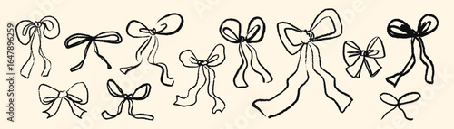 Ribbon bow knots hand drawn design elements set. Hand drawn doodle scribble stickers with chalk, charcoal, wax crayons texture. Simple naive abstract art vector illustration isolated