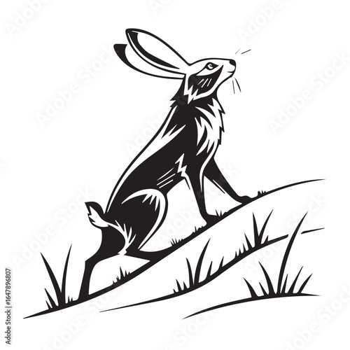 A black and white illustration of a hare sitting on a grassy hill, looking alertly to the side