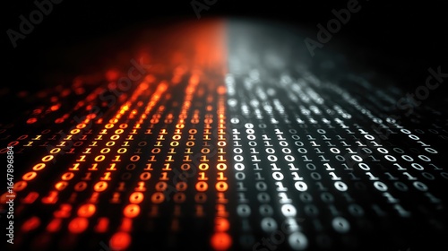 Dynamic binary code stream with vibrant red and white digital numbers, representing modern data processing and technology concepts, ready for commercial use