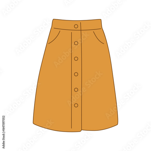 A simple, flat illustration of a mustard yellow skirt with a button front and pockets. The skirt has a classic, casual design suitable for everyday wear.