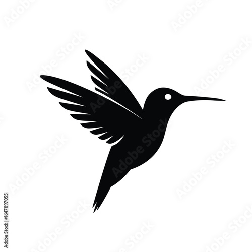 Hummingbird silhouette icon. Simple black vector graphic of a flying colibri bird. Minimalist logo element for nature or beauty brands, isolated on a white background.