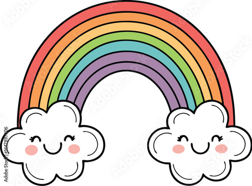 Kawaii rainbow with smiling clouds on white background