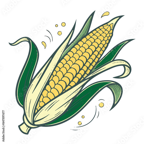 A vibrant illustration of a fresh ear of corn with green husks and yellow kernels, isolated on a white background