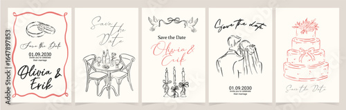 Hand drawn wedding card with wine, cocktail glass, champagne and cake in vintage doodle sketch. Whimsical coquette ink set for woman party, menu