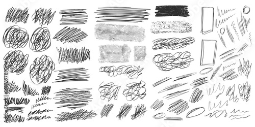 Pencil line and crayon brush scratch set with hand chalk scribble pen sketch stroke shapes