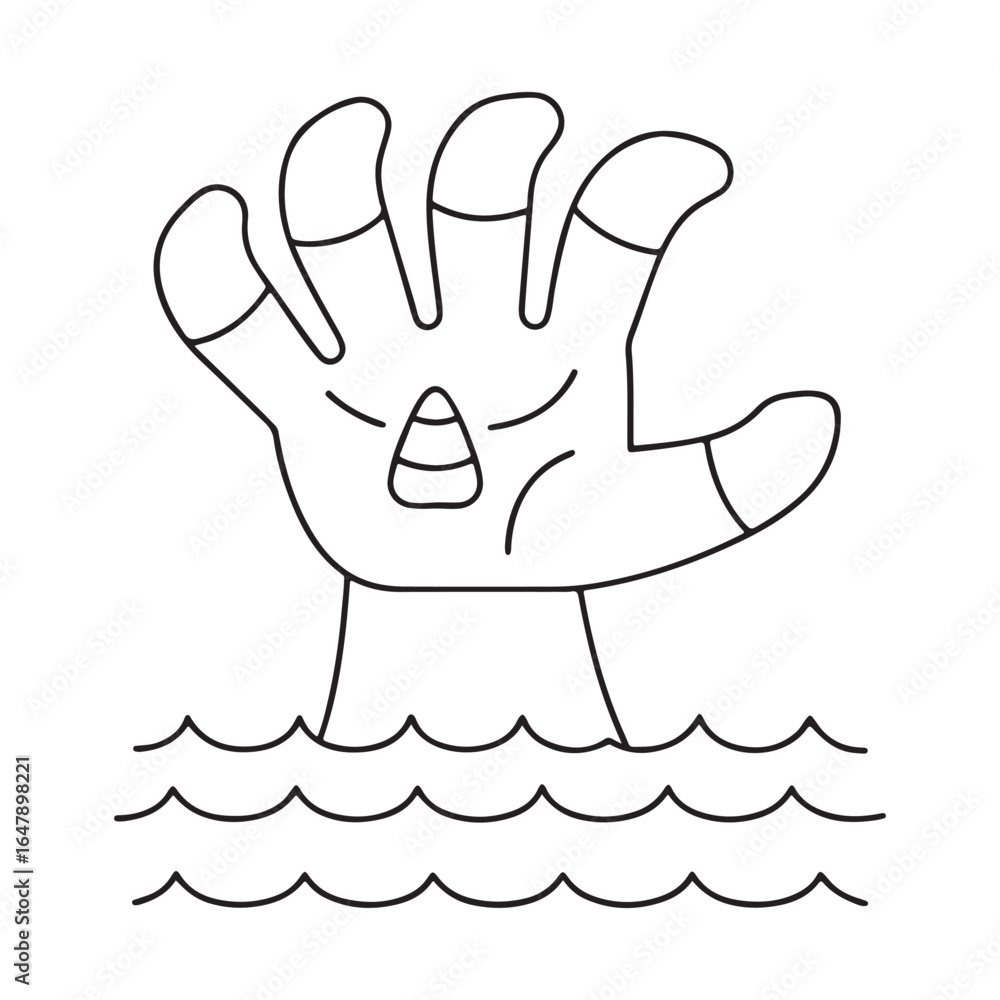 Obraz premium Cartoon hand emerging from wavy water with palm lines and a candy corn symbol vector illustration