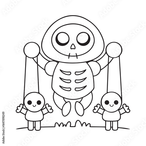 Cartoon skeleton puppet master controlling two small figures in black and white outline marionette