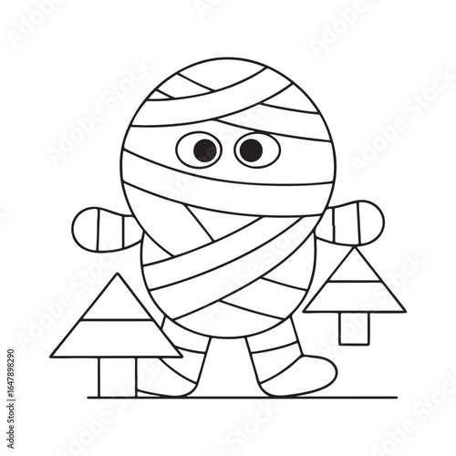 Cute cartoon mummy character wrapped in bandages walking between two stylized trees halloween