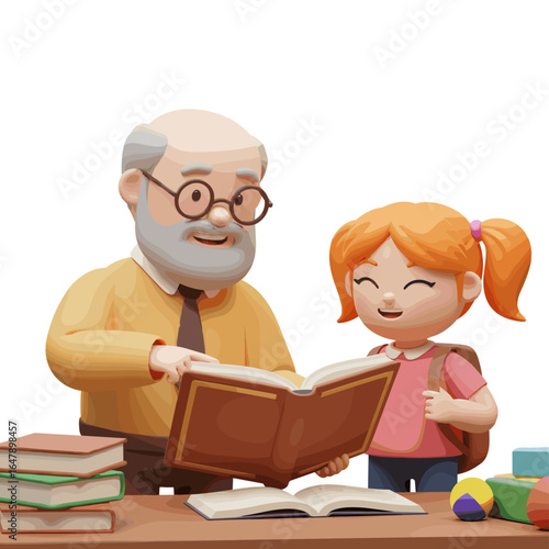 Teacher teaching student, 3D Cartoon style illustration, White Background