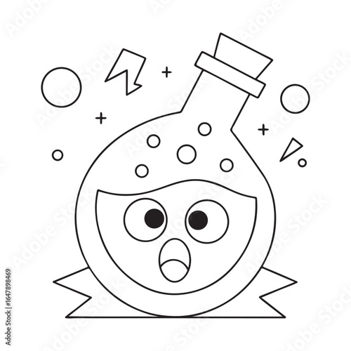Surprised cartoon potion bottle with bubbles and geometric shapes liquid elixir