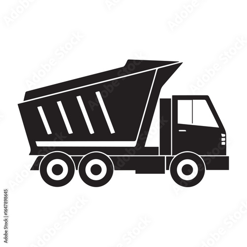 Black silhouette of a dump truck, also known as a tipper lorry, isolated on a white background, representing construction and transport