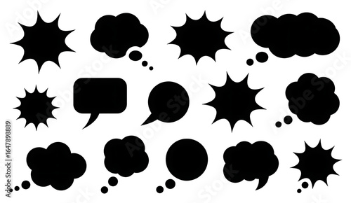 Collection of black comic book speech bubbles and thought clouds