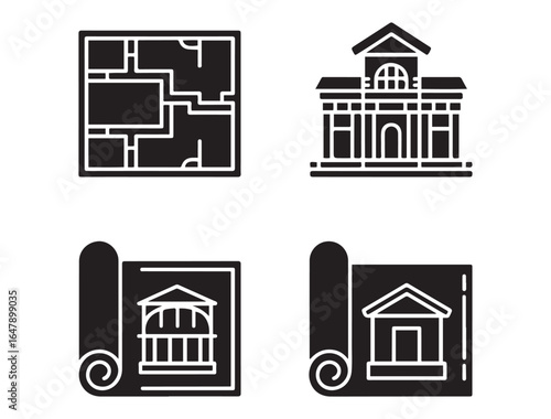 Architectural Icon Set. Solid, filled icon set of architecture design elements: floor plan, elevation drawing, blueprint roll. Vector black silhouette. with white background