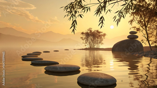 Serene water landscape with stacked stones and bamboo pebbles rocks