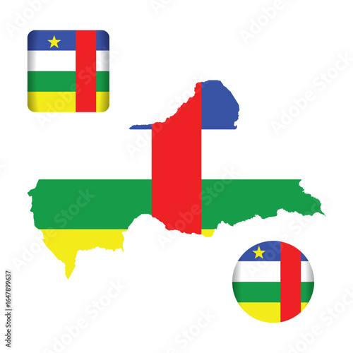 central african republic map with national flag colors and star symbol, patriotic vector icon illustration
