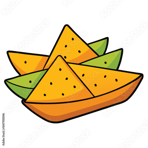 Cartoon illustration of a bowl of nachos with lime wedges isolated on a pure white background.