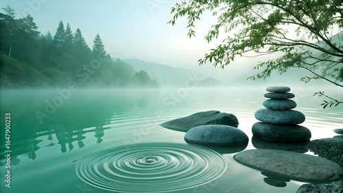 Stacked stones tranquil water mist covered hills lush foliage rocks ripples