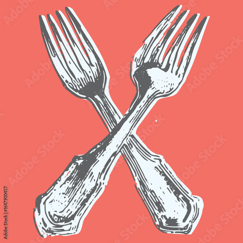 Crossed fork utensils in a handdrawn vintage style. Greyscale metal vector illustration with retro textured look on colored background.
