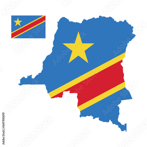 democratic republic of the congo map silhouette with national flag colors, star and diagonal stripes