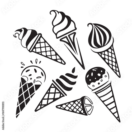 Collection of black and white ice cream cones in various styles, isolated on a white background, perfect for summer treats and desserts