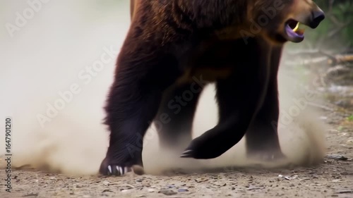 Powerful Brown Bear Galloping through Forest Clearing Generating Dust Wildlife Action