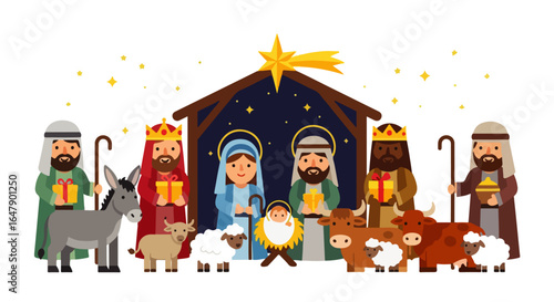 Christmas Nativity Scene with Shepherds, Kings, and Animals
