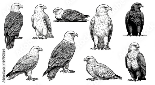 set of Eagle Sitting black and white vector animals
 on white background
