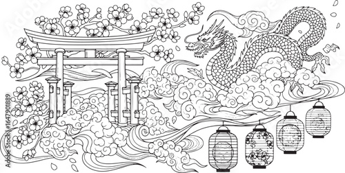 Japanese Dragon and Torii Gate: A Hand-Drawn Engraving
