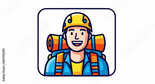 Smiling Cartoon Hiker with Backpack and Helmet