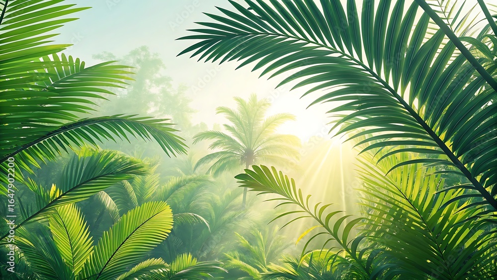 Fototapeta premium A vibrant tropical background featuring large green palm leaves with bright, warm sunlight beaming through a hazy jungle canopy.