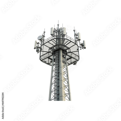 An industrial mobile phone communication tower with a cellular antenna against a blue sky