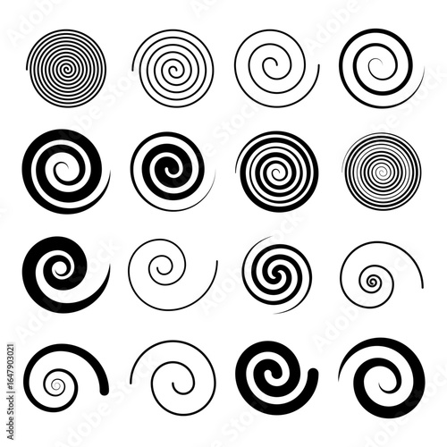 Set of Spiral Patterns Elements. Black and White Vector Collection. Each design offers a distinct visual effect, perfect for abstract art, backgrounds, decorations, logos and creative graphic projects