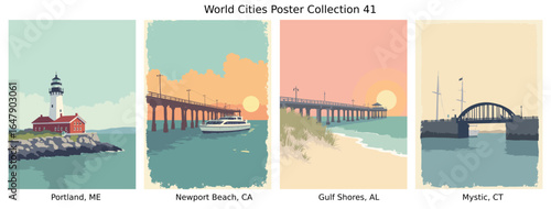 Portland, ME , Newport Beach, CA , Gulf Shores, AL , Mystic, CT  ci Flat Vector Poster Collection