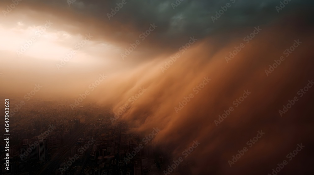 Fototapeta premium Sandstorm engulfing a city with low visibility