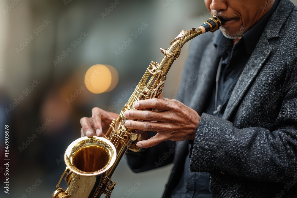 Obraz premium Saxophonist performing in a busy urban setting during twilight hours while captivating passersby with soulful melodies and expressive playing style