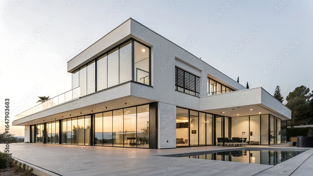 Fototapeta premium A modern luxury residence showcasing minimalist architecture with sharp lines, illuminated glass walls, and a poolside patio at twilight.