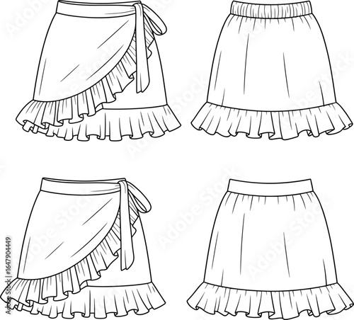 CAD drawing flat vector illustration, ruffle hem skirt collection, wrap and elastic waistband styles, front and back views, women’s fashion technical sketch