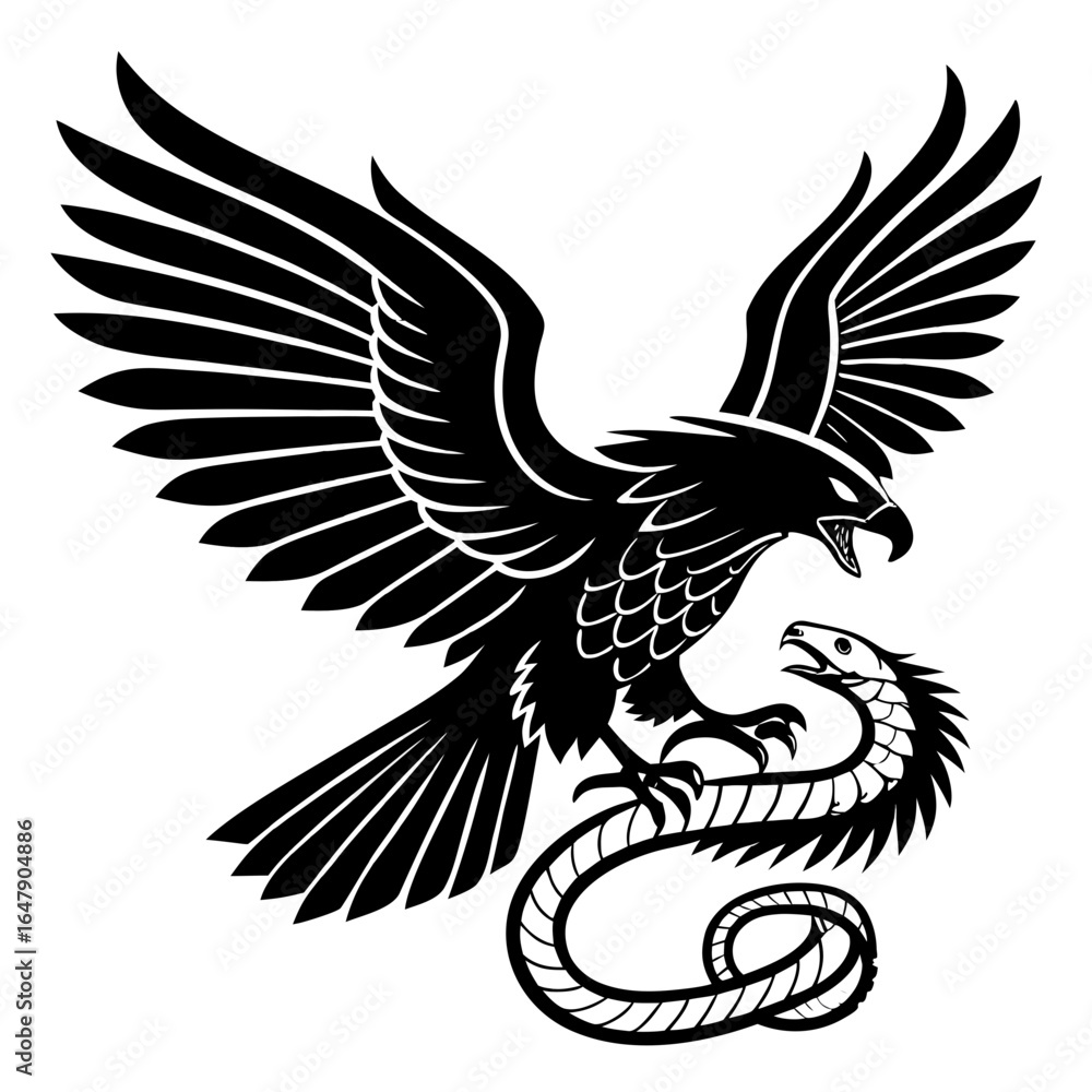 Fototapeta premium A bold black eagle and snake silhouette with wings fully spread in a symmetrical pose, sharp feathers, strong talons extended, and a fierce expression. Minimalist vector style, high contrast, clean li