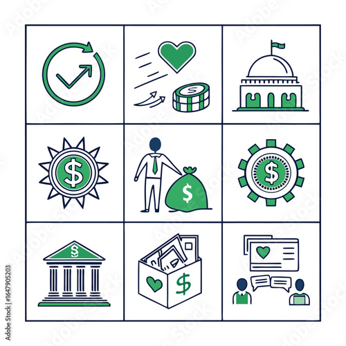 Set of nine green and blue line art icons representing financial and charitable concepts finance