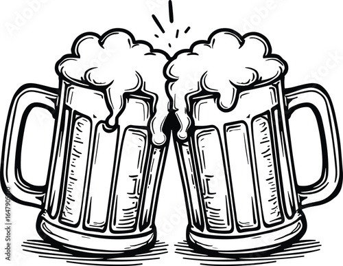Two frothy beer mugs clinking together toast